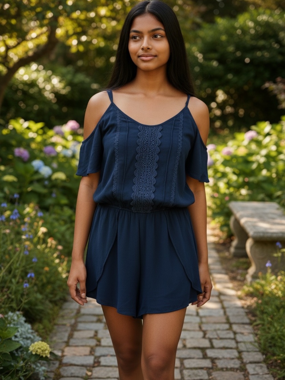 Cold-Shoulder Lace-Trim Romper Shorts by Garage in Black
